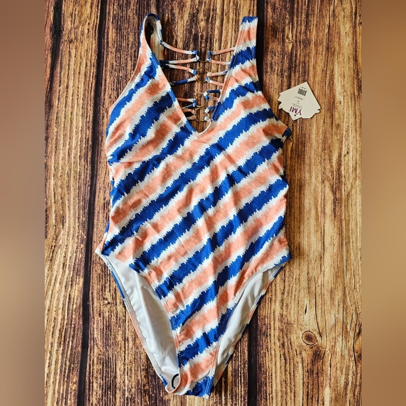 YMI Size XL One Piece Striped Swimsuit Strap Metal Ring Detail Lace Up Back NWT - Picture 3 of 7